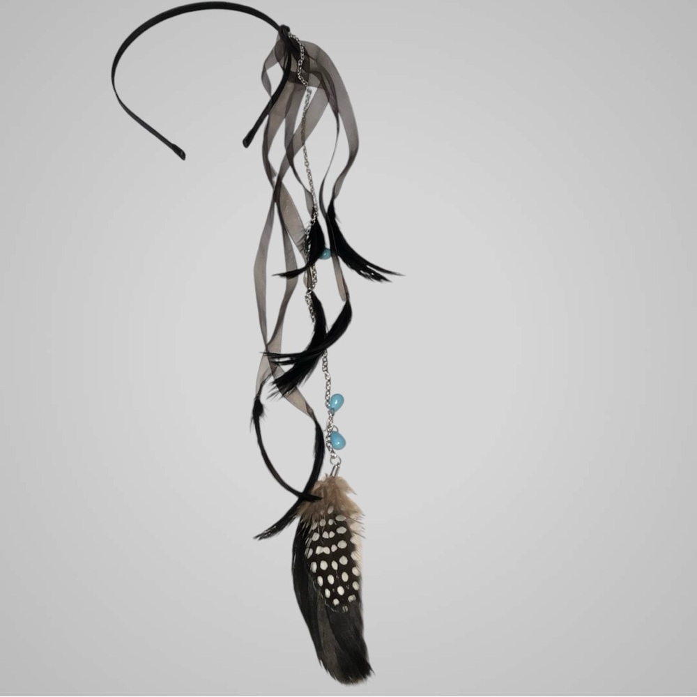 Y2K Bebe Beaded Feather Drop Ribbon Drapey Boho Black Headband Bohemian